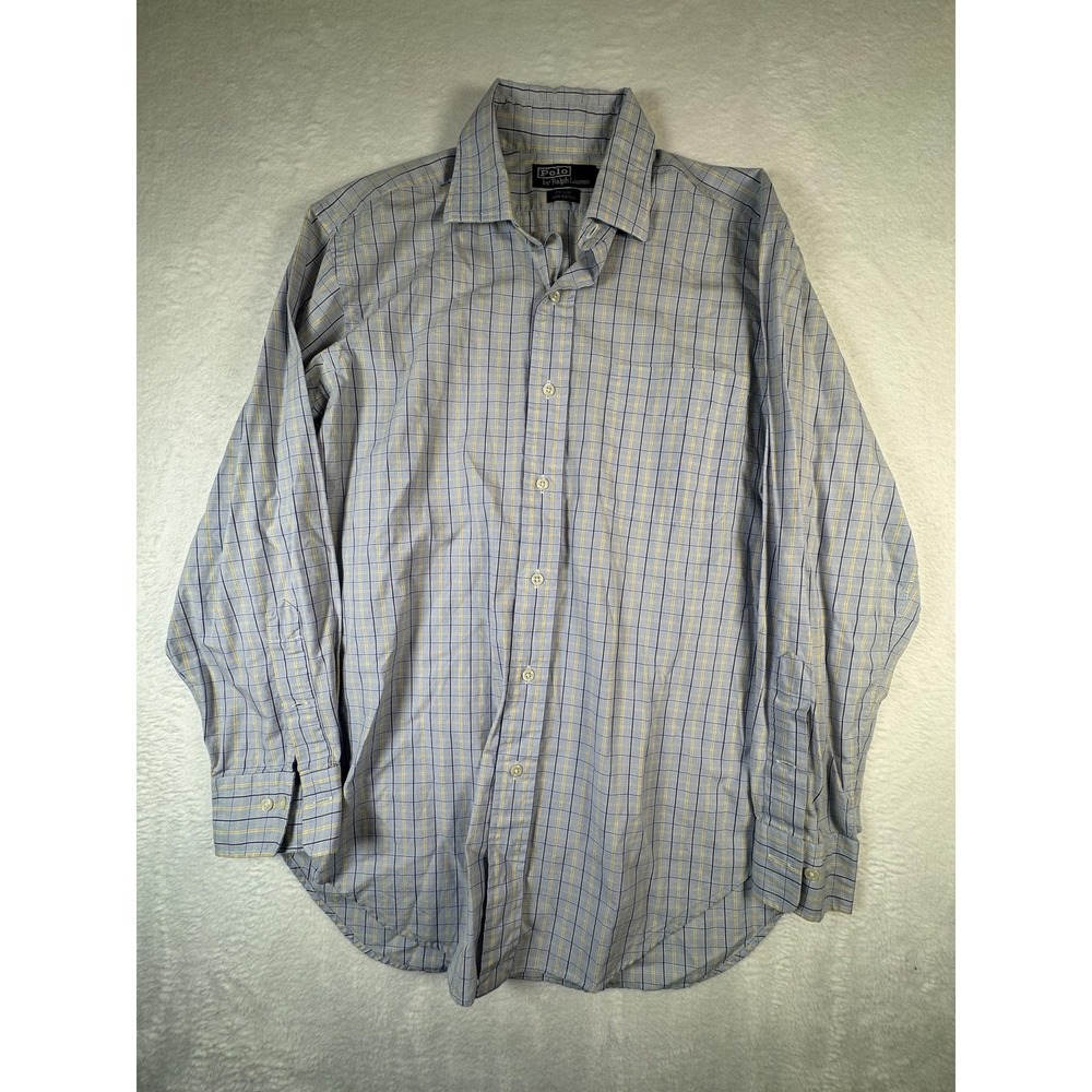Polo Ralph Lauren Dress Shirt Mens 15.5 33 Blue Yellow Plaid Philip Cotton